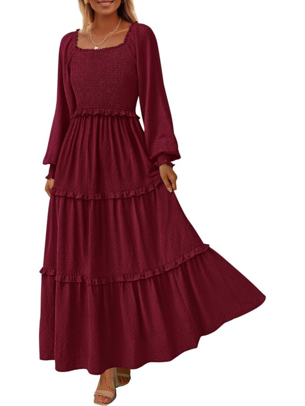 Women's Wine Red Long Sleeve Smocked Square Neck Swiss Dot Tiered Flowy Maxi
